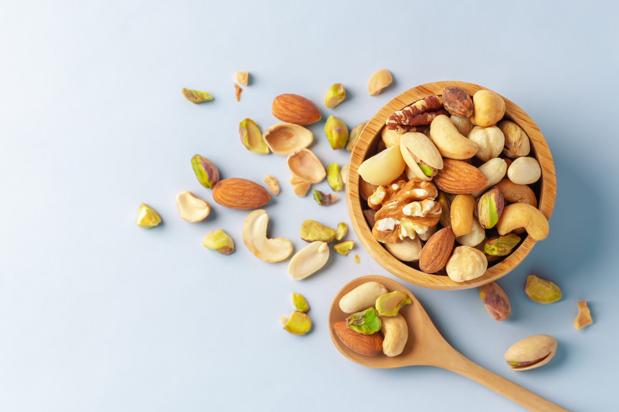 Mixed organic nuts in a bowl